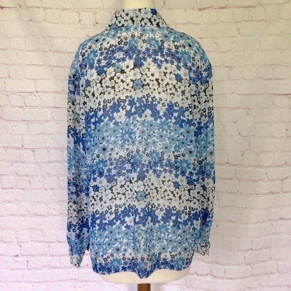 Blair Blue and White Floral Long Sleeve Button Down Sheer Top - Size Large - Picture 5 of 7